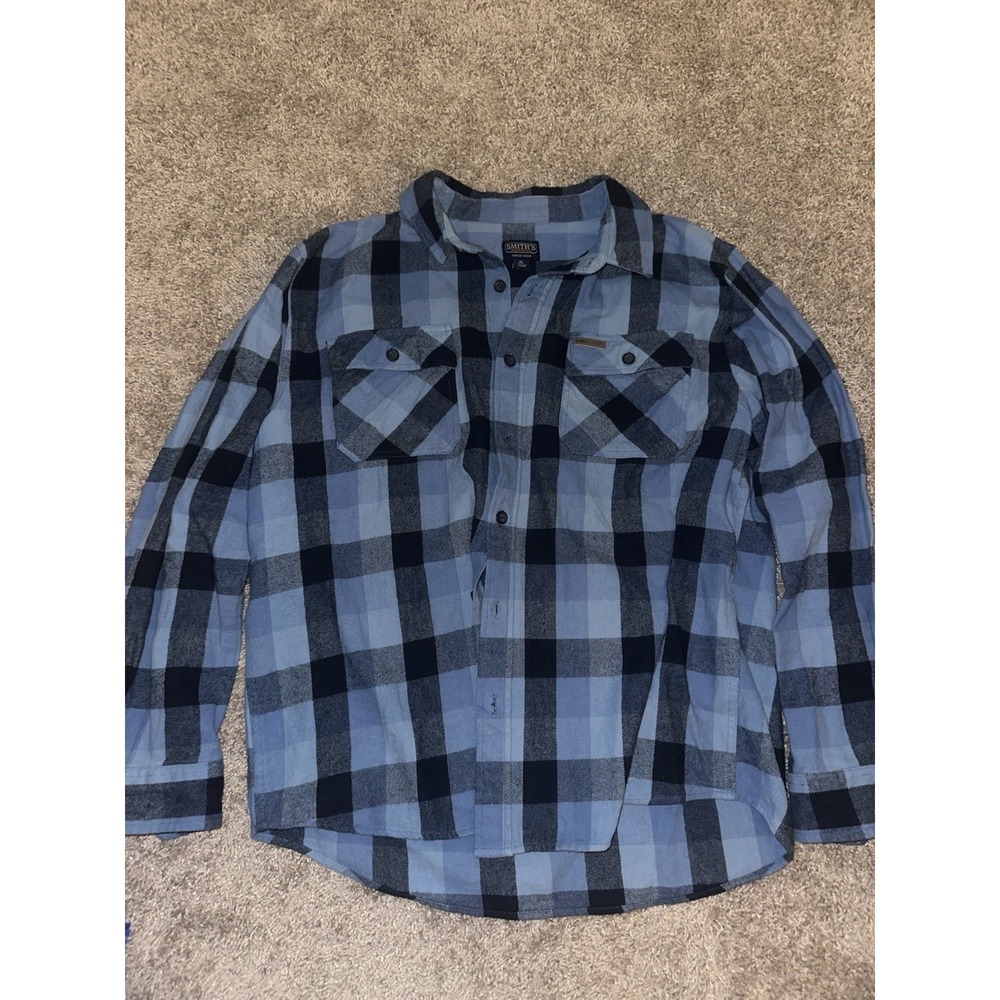 Smith's Men's XL Workwear Blue Black Plaid Long Sleeve Button-Up Shirt Flannel